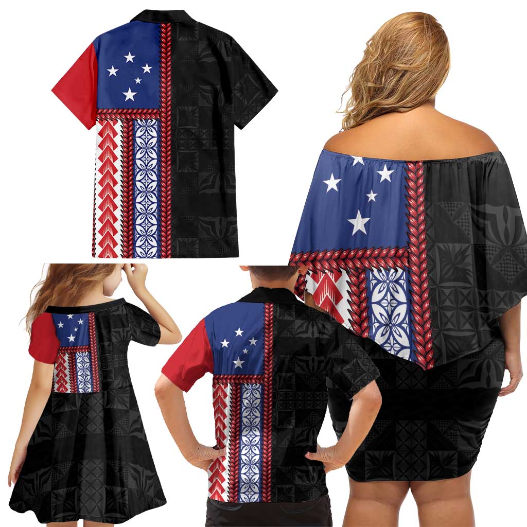 Samoa Flag Family Matching Off Shoulder Short Dress and Hawaiian Shirt Ula Fala With Samoan Siapo - Polynesian Pride