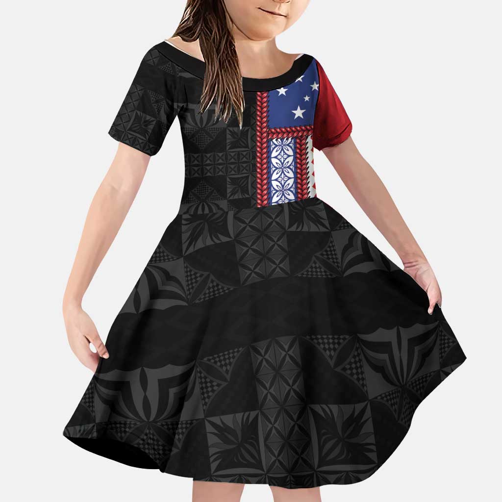 Samoa Flag Family Matching Summer Maxi Dress and Hawaiian Shirt Ula Fala With Samoan Siapo LT05 Daughter's Dress Black - Polynesian Pride