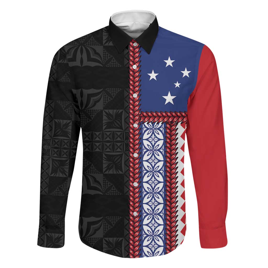 Samoa Flag Family Matching Summer Maxi Dress and Hawaiian Shirt Ula Fala With Samoan Siapo LT05 Dad's Shirt - Long Sleeve Black - Polynesian Pride
