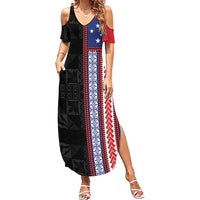 Samoa Flag Family Matching Summer Maxi Dress and Hawaiian Shirt Ula Fala With Samoan Siapo LT05 Mom's Dress Black - Polynesian Pride
