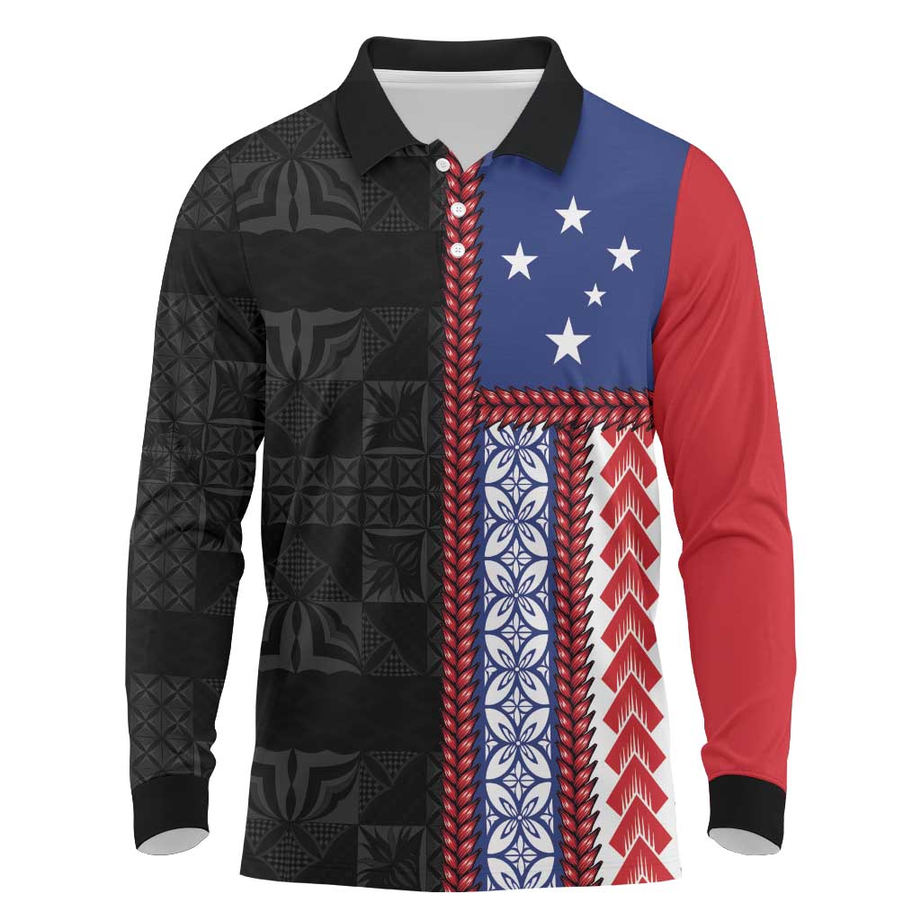 Samoa Flag Long Sleeve Polo Shirt Ula Fala With Samoan Siapo - Polynesian Pride