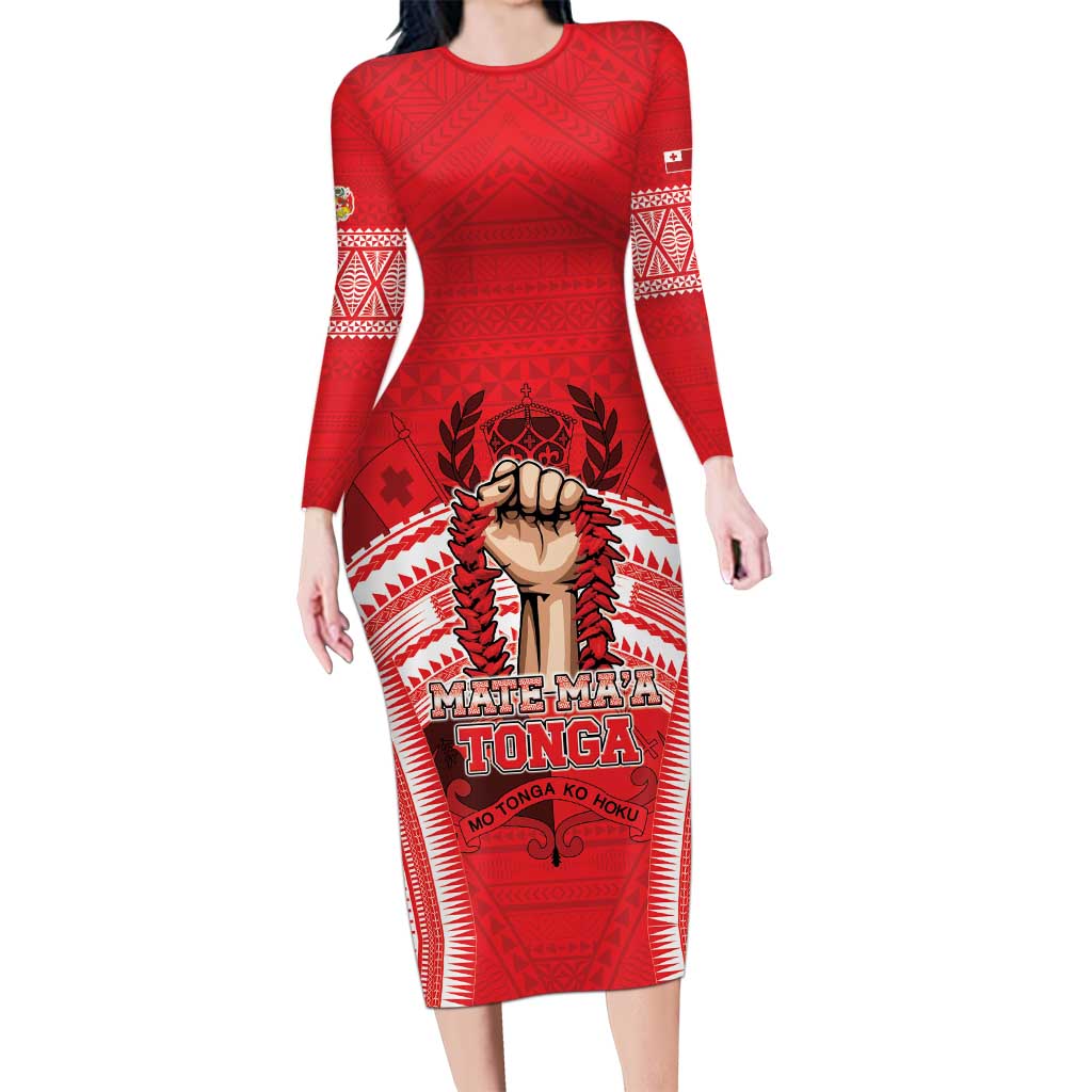 Custom Tonga Rugby Mate Ma'a Family Matching Long Sleeve Bodycon Dress and Hawaiian Shirt Tongan Pride Unique Style LT05 Mom's Dress Red - Polynesian Pride