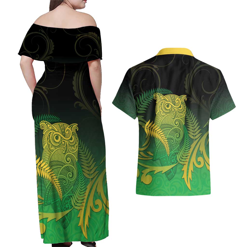 New Zealand Aotearoa Ruru Couples Matching Off Shoulder Maxi Dress and Hawaiian Shirt Maori Fern Art Green