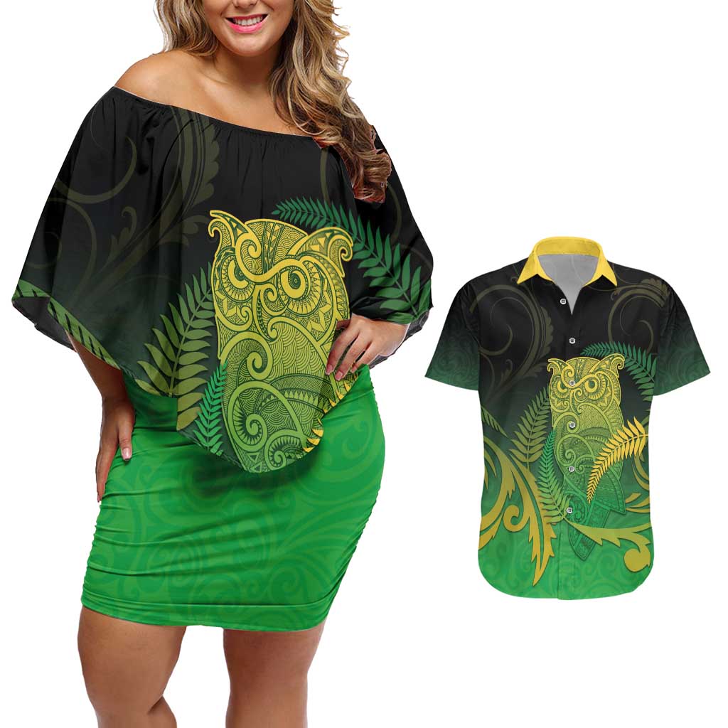 New Zealand Aotearoa Ruru Couples Matching Off Shoulder Short Dress and Hawaiian Shirt Maori Fern Art Green