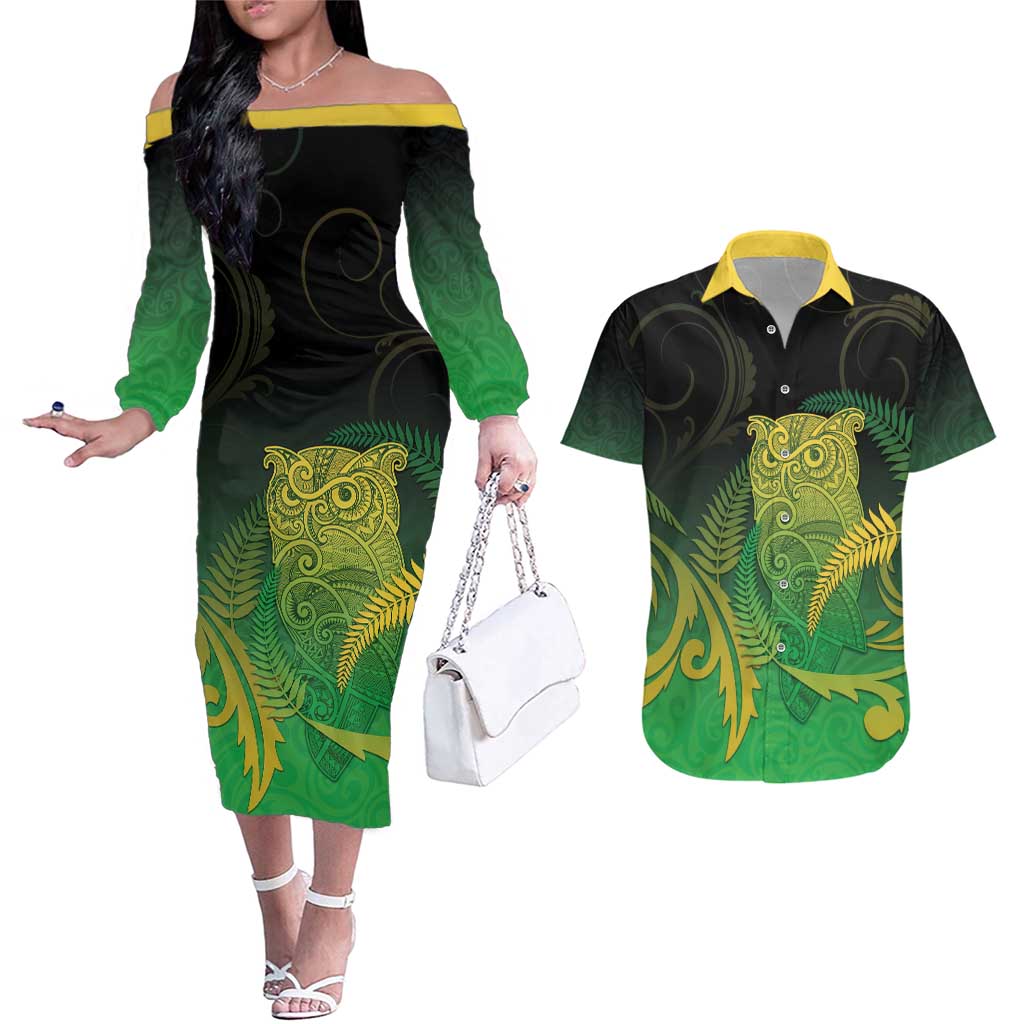 New Zealand Aotearoa Ruru Couples Matching Off The Shoulder Long Sleeve Dress and Hawaiian Shirt Maori Fern Art Green