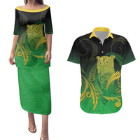 New Zealand Aotearoa Ruru Couples Matching Puletasi and Hawaiian Shirt Maori Fern Art Green