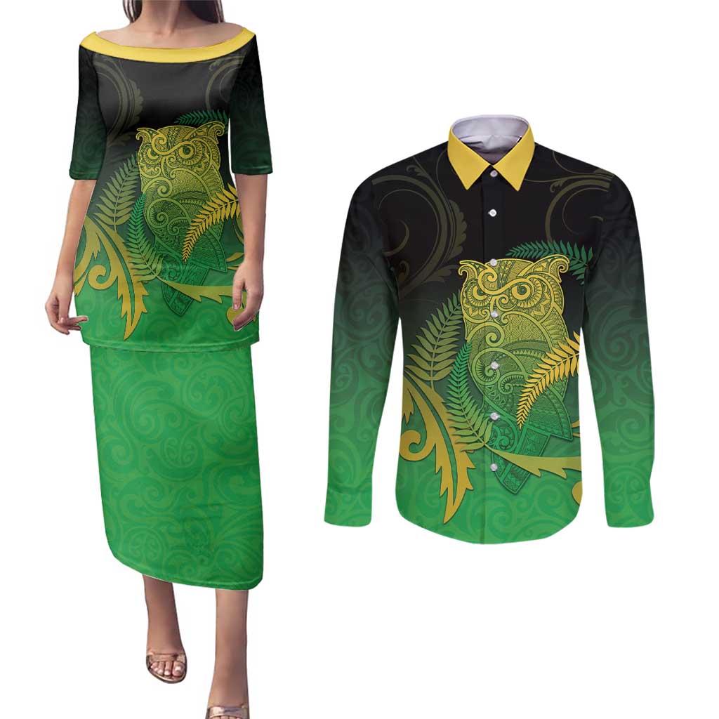 New Zealand Aotearoa Ruru Couples Matching Puletasi and Long Sleeve Button Shirt Maori Fern Art Green LT05 Green - Polynesian Pride