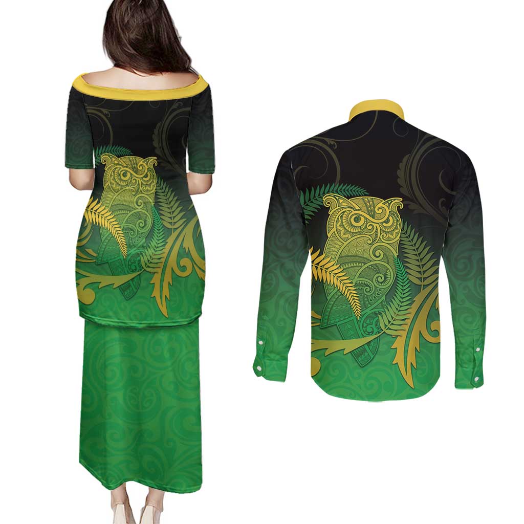 New Zealand Aotearoa Ruru Couples Matching Puletasi and Long Sleeve Button Shirt Maori Fern Art Green LT05 - Polynesian Pride
