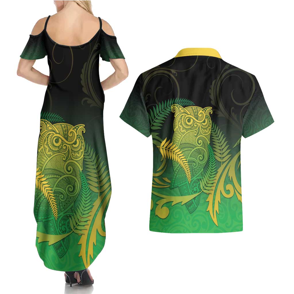 New Zealand Aotearoa Ruru Couples Matching Summer Maxi Dress and Hawaiian Shirt Maori Fern Art Green