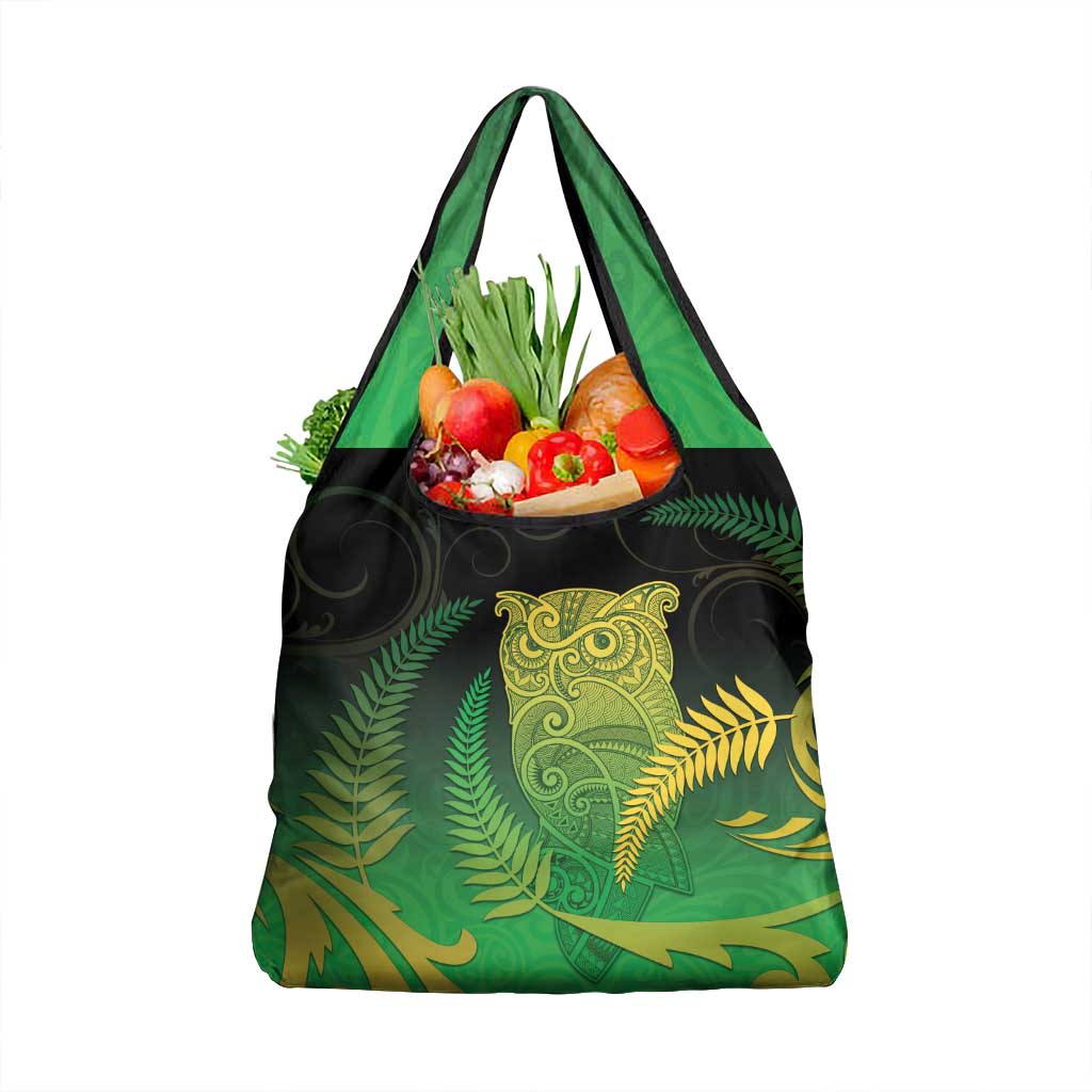 New Zealand Aotearoa Ruru Grocery Bag Maori Fern Art Green