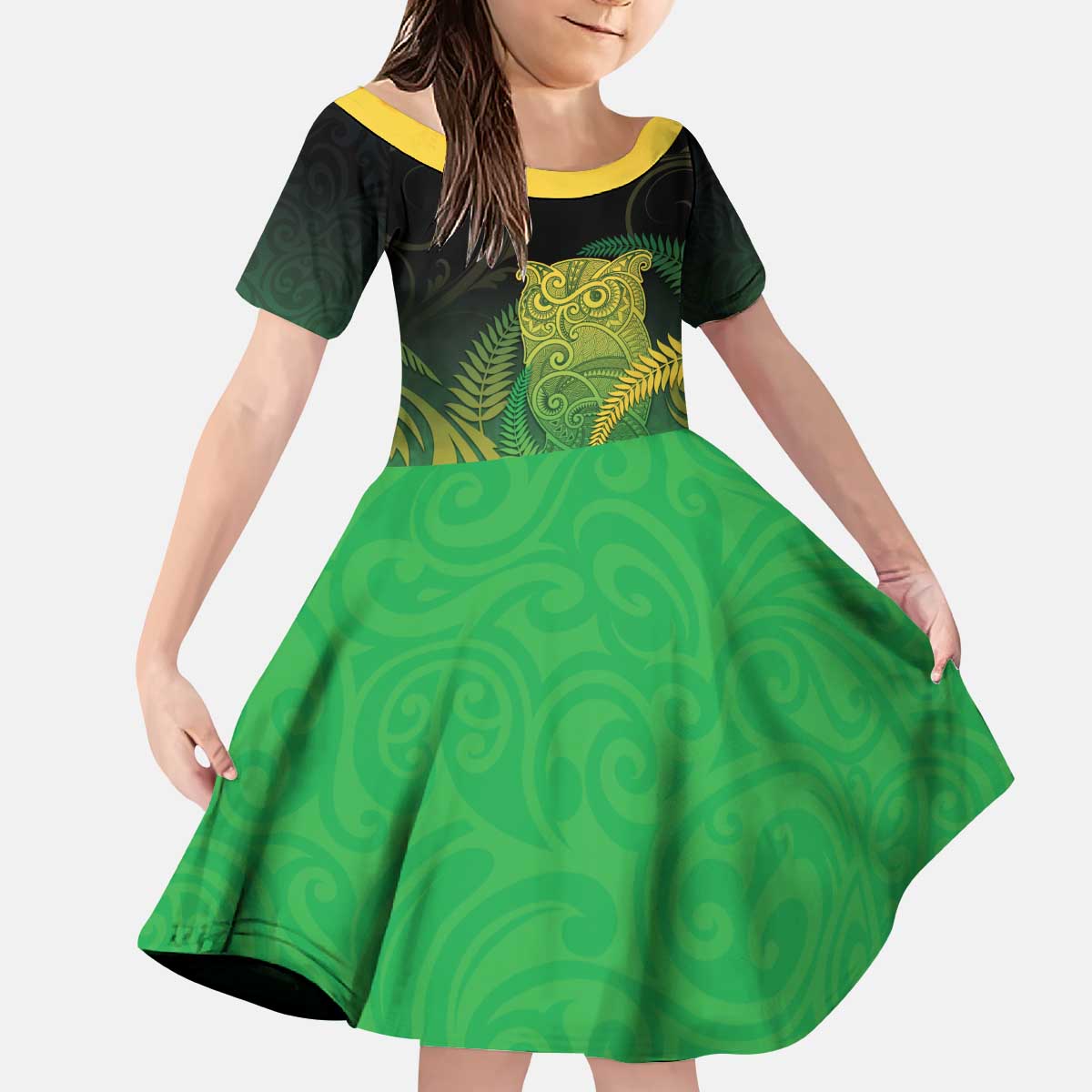 New Zealand Aotearoa Ruru Kid Short Sleeve Dress Maori Fern Art Green LT05 KID Green - Polynesian Pride