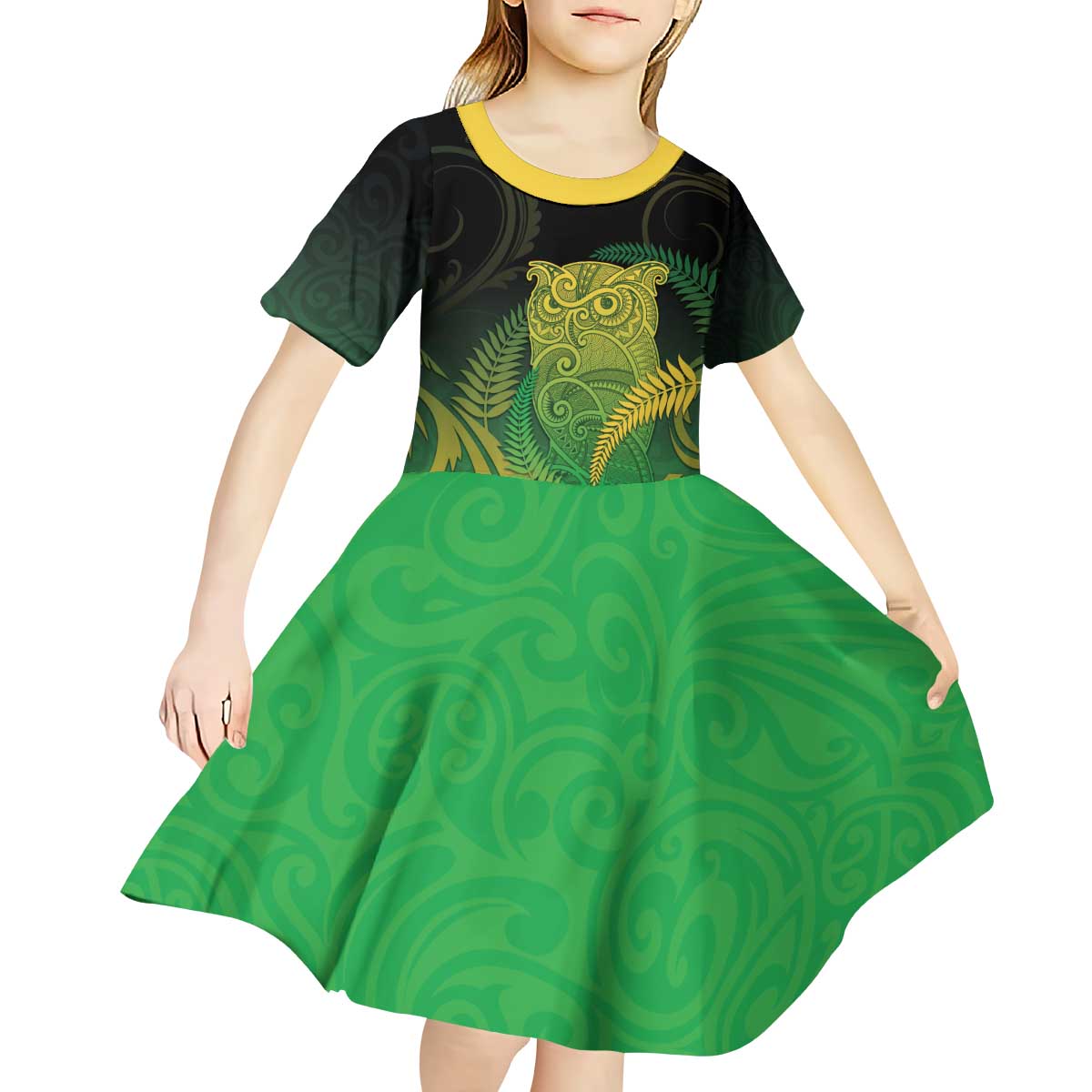 New Zealand Aotearoa Ruru Kid Short Sleeve Dress Maori Fern Art Green LT05 - Polynesian Pride