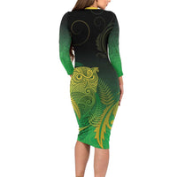 New Zealand Aotearoa Ruru Long Sleeve Bodycon Dress Maori Fern Art Green