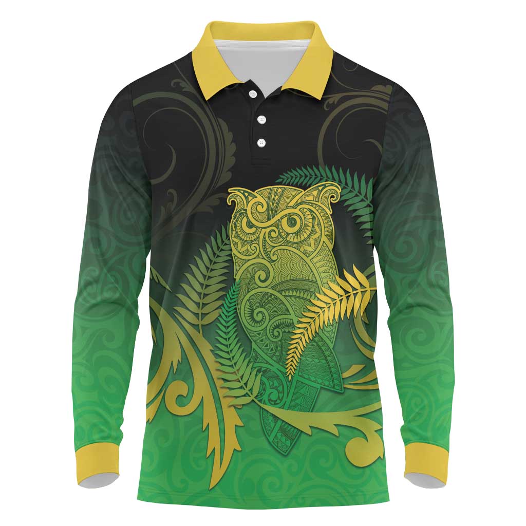 New Zealand Aotearoa Ruru Long Sleeve Polo Shirt Maori Fern Art Green