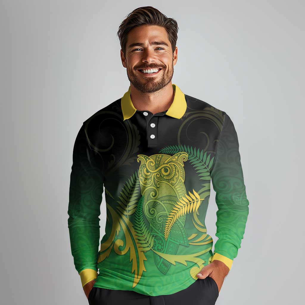New Zealand Aotearoa Ruru Long Sleeve Polo Shirt Maori Fern Art Green