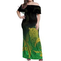 New Zealand Aotearoa Ruru Off Shoulder Maxi Dress Maori Fern Art Green LT05 Women Green - Polynesian Pride