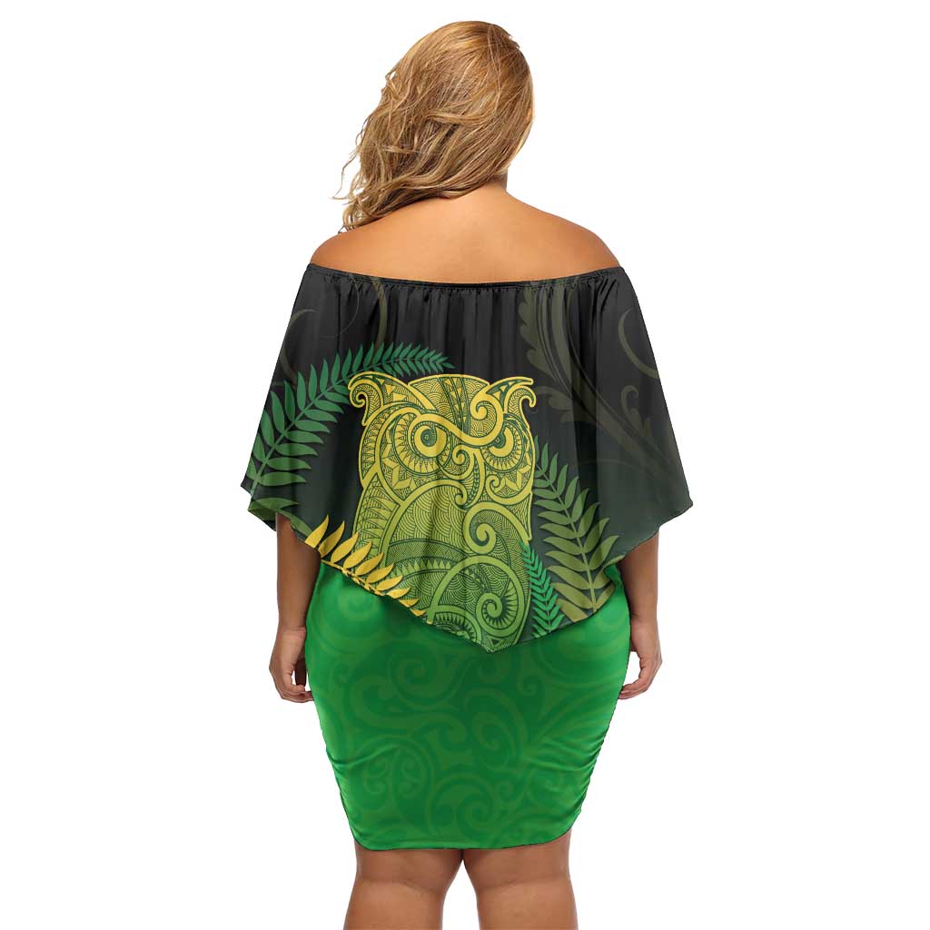 New Zealand Aotearoa Ruru Off Shoulder Short Dress Maori Fern Art Green LT05 - Polynesian Pride