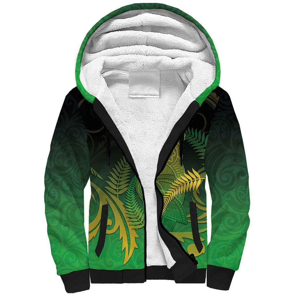 New Zealand Aotearoa Ruru Sherpa Hoodie Maori Fern Art Green