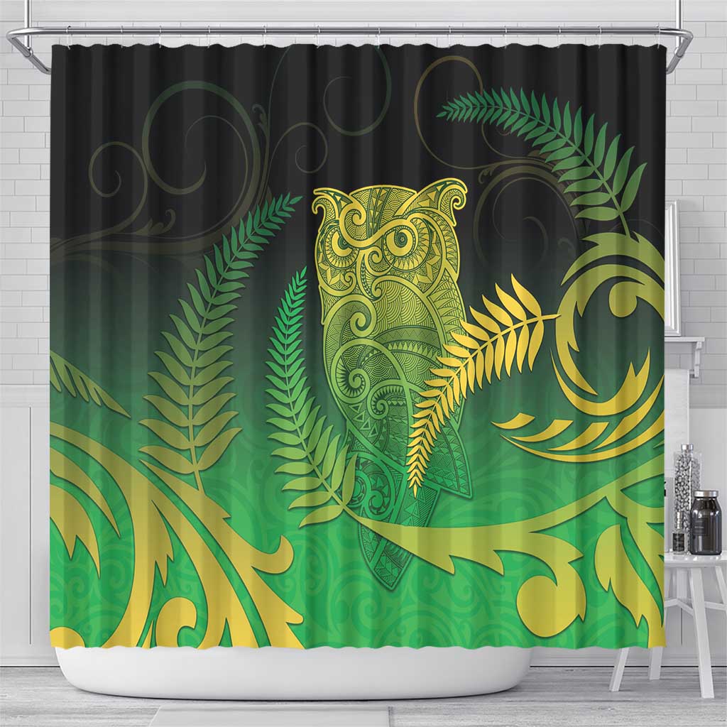 New Zealand Aotearoa Ruru Shower Curtain Maori Fern Art Green