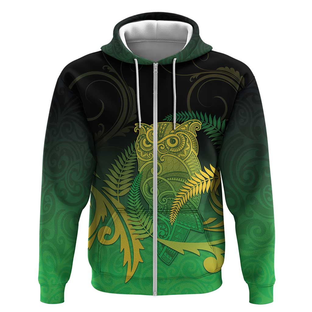 New Zealand Aotearoa Ruru Zip Hoodie Maori Fern Art Green LT05 Zip Hoodie Green - Polynesian Pride