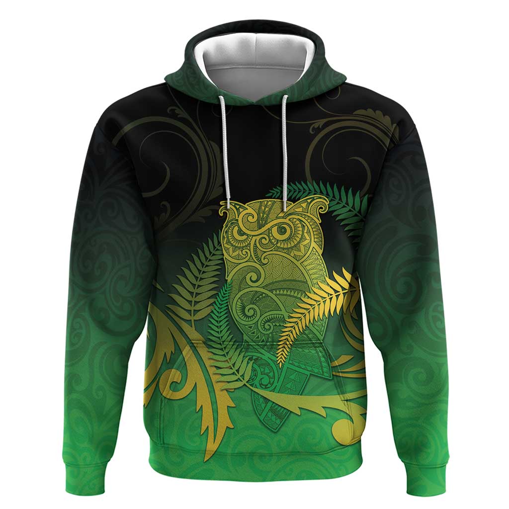 New Zealand Aotearoa Ruru Zip Hoodie Maori Fern Art Green LT05 Pullover Hoodie Green - Polynesian Pride