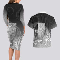 New Zealand Aotearoa Ruru Couples Matching Long Sleeve Bodycon Dress and Hawaiian Shirt Maori Fern Art Black
