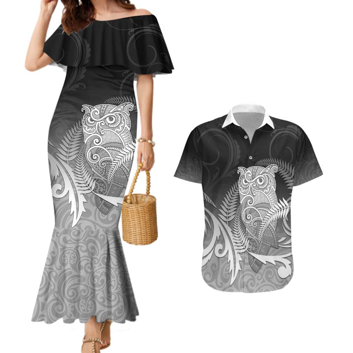 New Zealand Aotearoa Ruru Couples Matching Mermaid Dress and Hawaiian Shirt Maori Fern Art Black