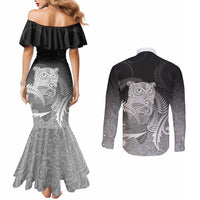 New Zealand Aotearoa Ruru Couples Matching Mermaid Dress and Long Sleeve Button Shirt Maori Fern Art Black LT05 - Polynesian Pride