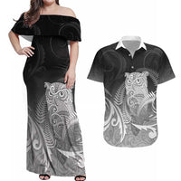 New Zealand Aotearoa Ruru Couples Matching Off Shoulder Maxi Dress and Hawaiian Shirt Maori Fern Art Black