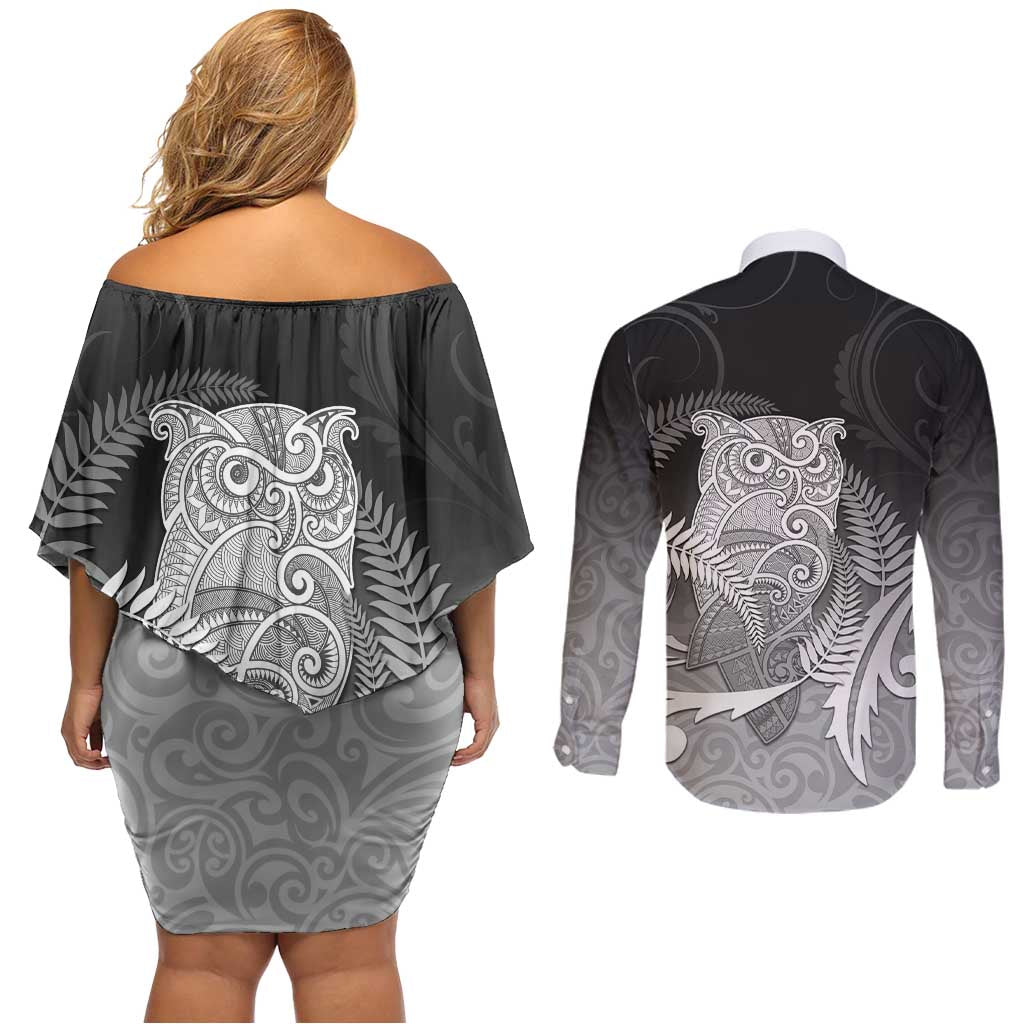 New Zealand Aotearoa Ruru Couples Matching Off Shoulder Short Dress and Long Sleeve Button Shirt Maori Fern Art Black LT05 - Polynesian Pride