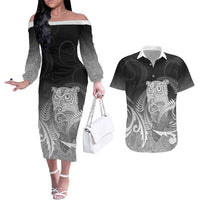 New Zealand Aotearoa Ruru Couples Matching Off The Shoulder Long Sleeve Dress and Hawaiian Shirt Maori Fern Art Black