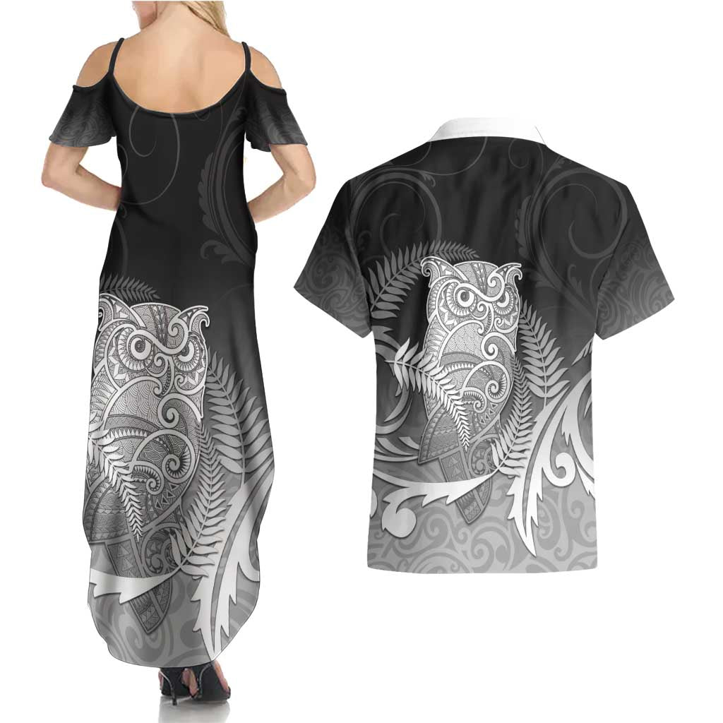 New Zealand Aotearoa Ruru Couples Matching Summer Maxi Dress and Hawaiian Shirt Maori Fern Art Black