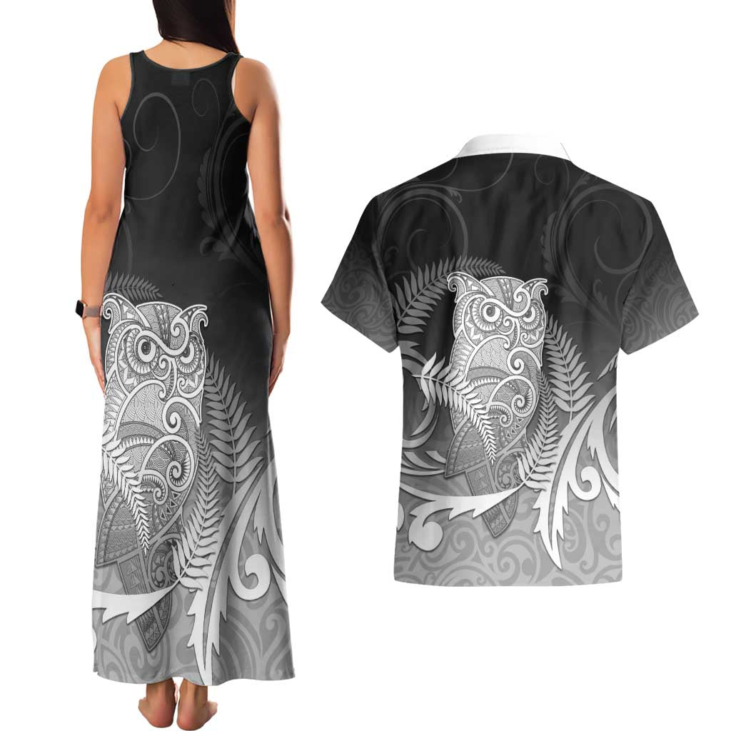 New Zealand Aotearoa Ruru Couples Matching Tank Maxi Dress and Hawaiian Shirt Maori Fern Art Black