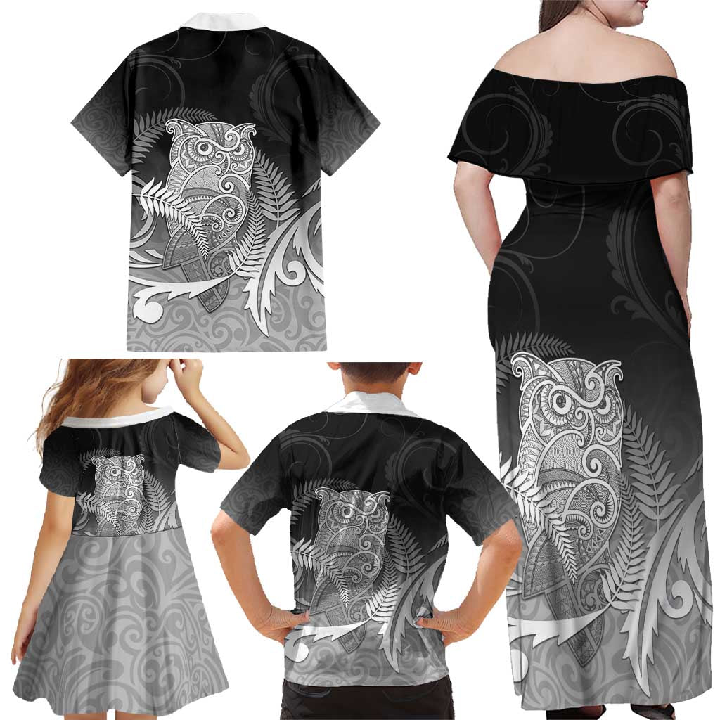 New Zealand Aotearoa Ruru Family Matching Off Shoulder Maxi Dress and Hawaiian Shirt Maori Fern Art Black
