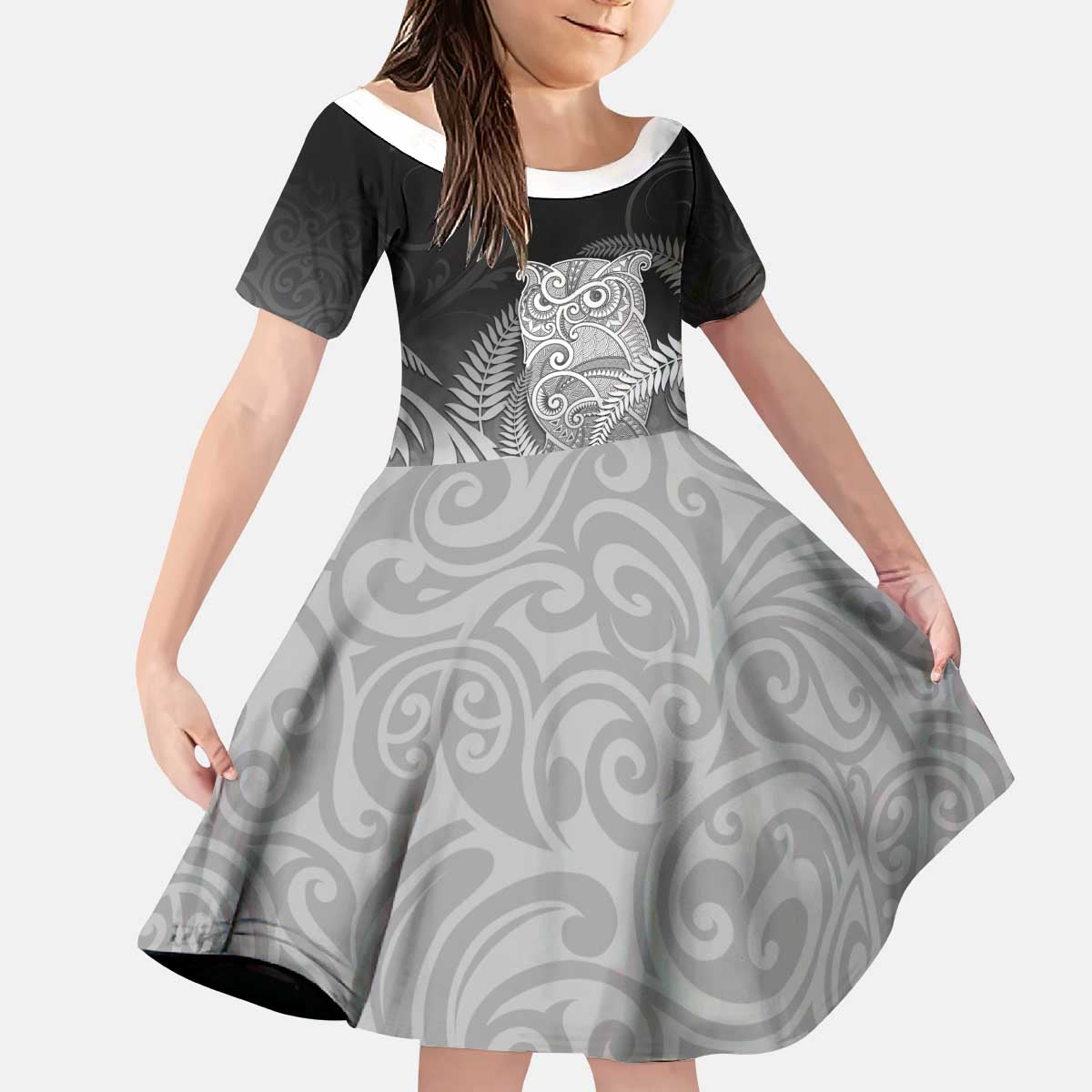 New Zealand Aotearoa Ruru Kid Short Sleeve Dress Maori Fern Art Black LT05 KID Black - Polynesian Pride