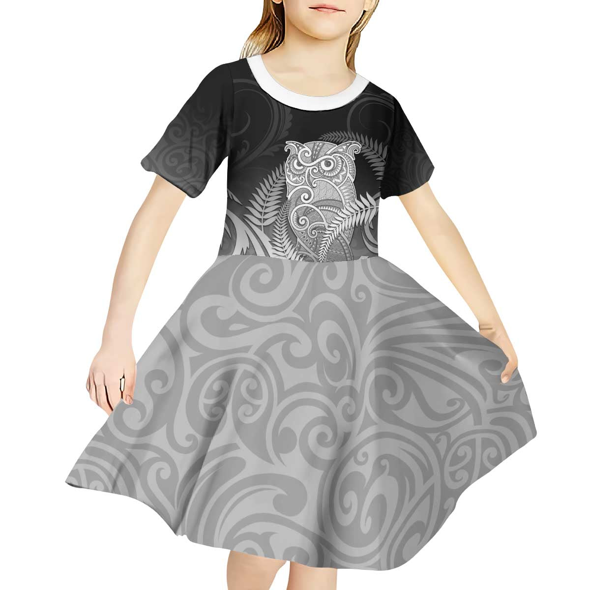 New Zealand Aotearoa Ruru Kid Short Sleeve Dress Maori Fern Art Black LT05 - Polynesian Pride