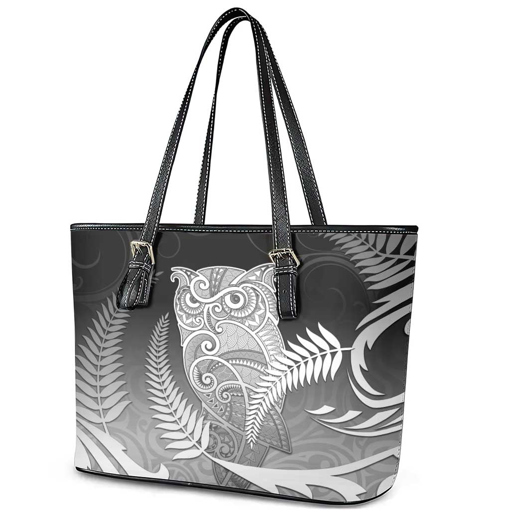 New Zealand Aotearoa Ruru Leather Tote Bag Maori Fern Art Black