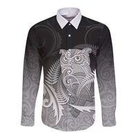 New Zealand Aotearoa Ruru Long Sleeve Button Shirt Maori Fern Art Black