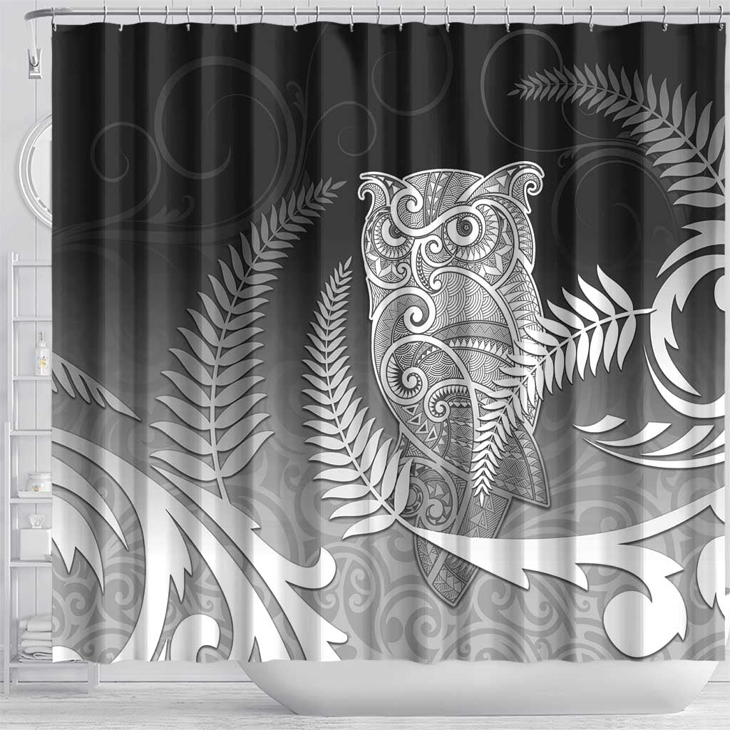 New Zealand Aotearoa Ruru Shower Curtain Maori Fern Art Black