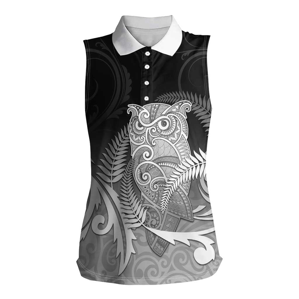 New Zealand Aotearoa Ruru Women Sleeveless Polo Shirt Maori Fern Art Black
