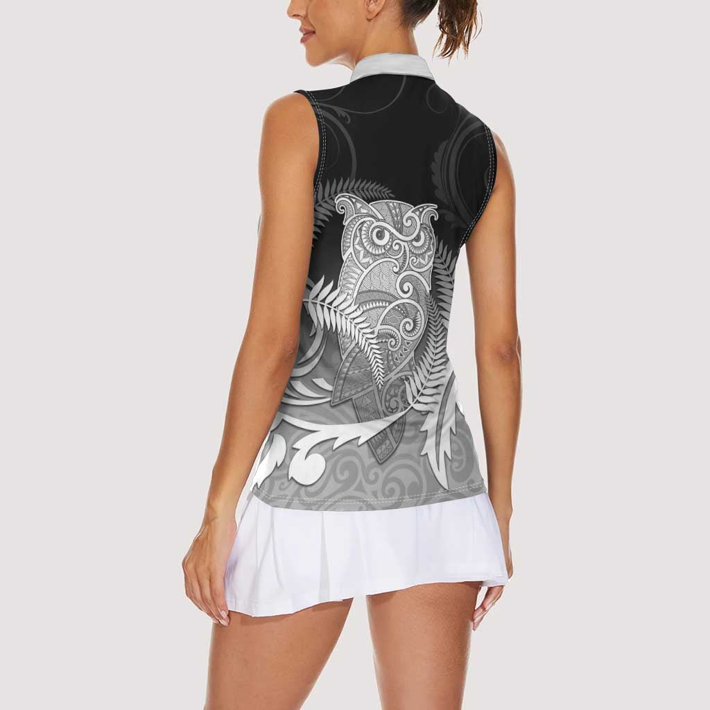 New Zealand Aotearoa Ruru Women Sleeveless Polo Shirt Maori Fern Art Black