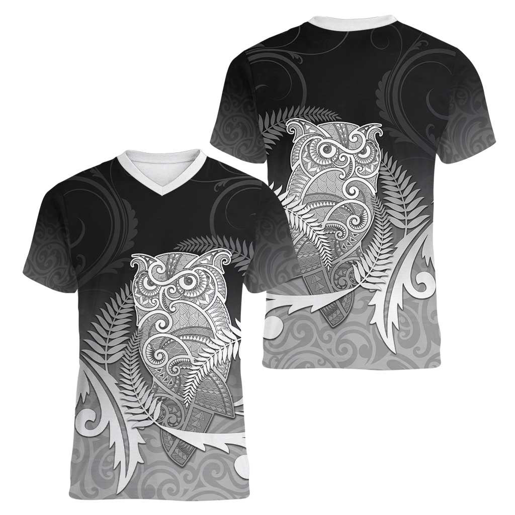 New Zealand Aotearoa Ruru Women V-Neck T-Shirt Maori Fern Art Black LT05 - Polynesian Pride