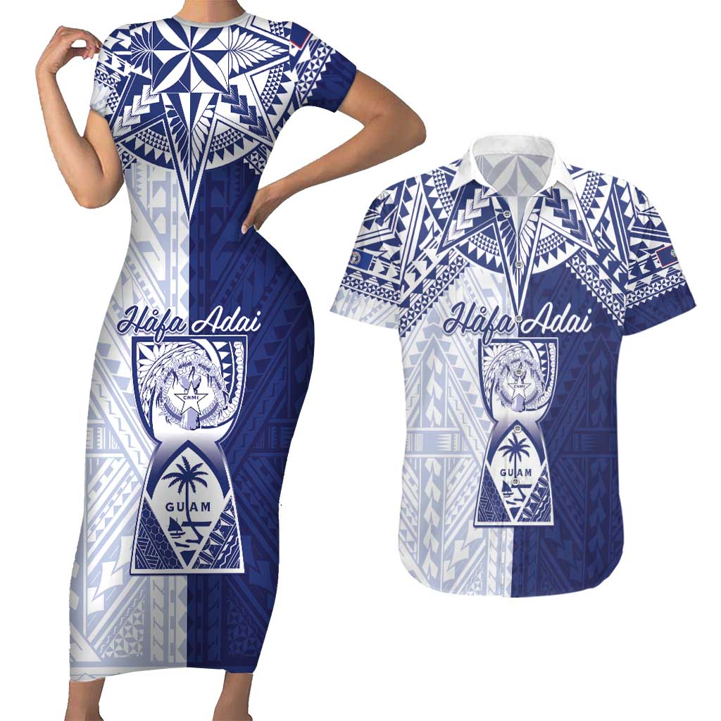 Personalised Northern Mariana Islands And Guam Couples Matching Short Sleeve Bodycon Dress and Hawaiian Shirt Latte Stone With Tribal Pattern