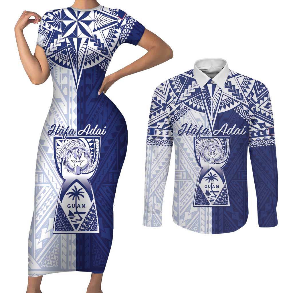 Personalised Northern Mariana Islands And Guam Couples Matching Short Sleeve Bodycon Dress and Long Sleeve Button Shirt Latte Stone With Tribal Pattern
