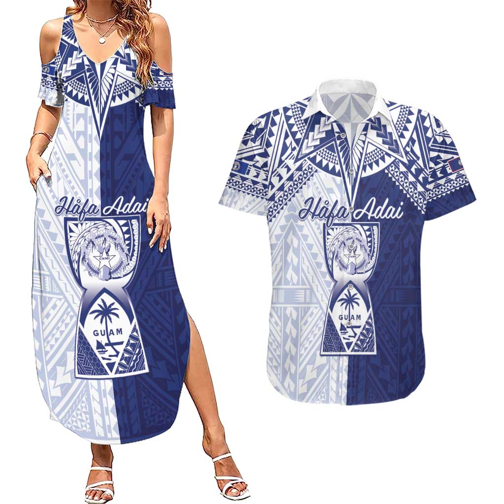 Personalised Northern Mariana Islands And Guam Couples Matching Summer Maxi Dress and Hawaiian Shirt Latte Stone With Tribal Pattern