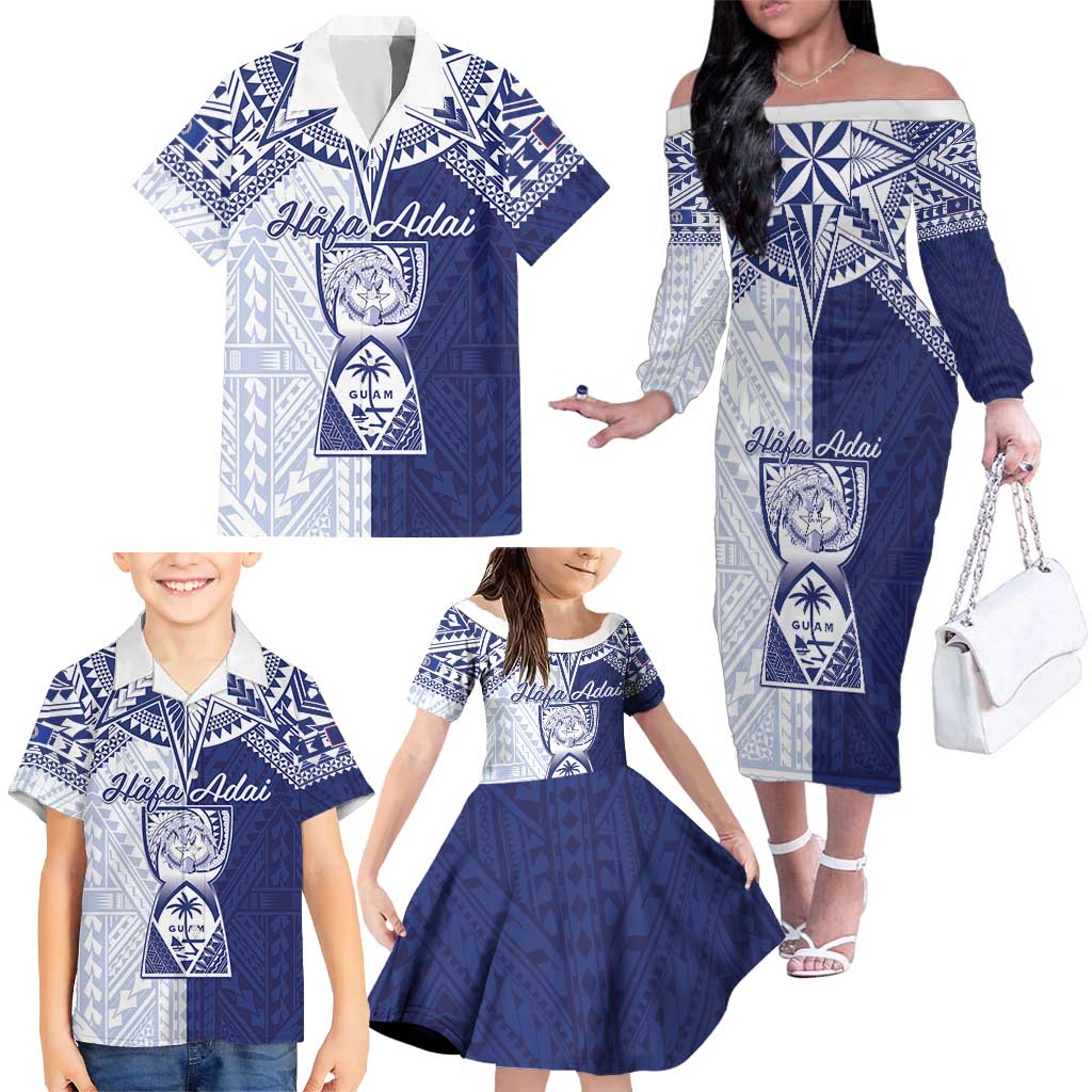 Personalised Northern Mariana Islands And Guam Family Matching Off The Shoulder Long Sleeve Dress and Hawaiian Shirt Latte Stone With Tribal Pattern