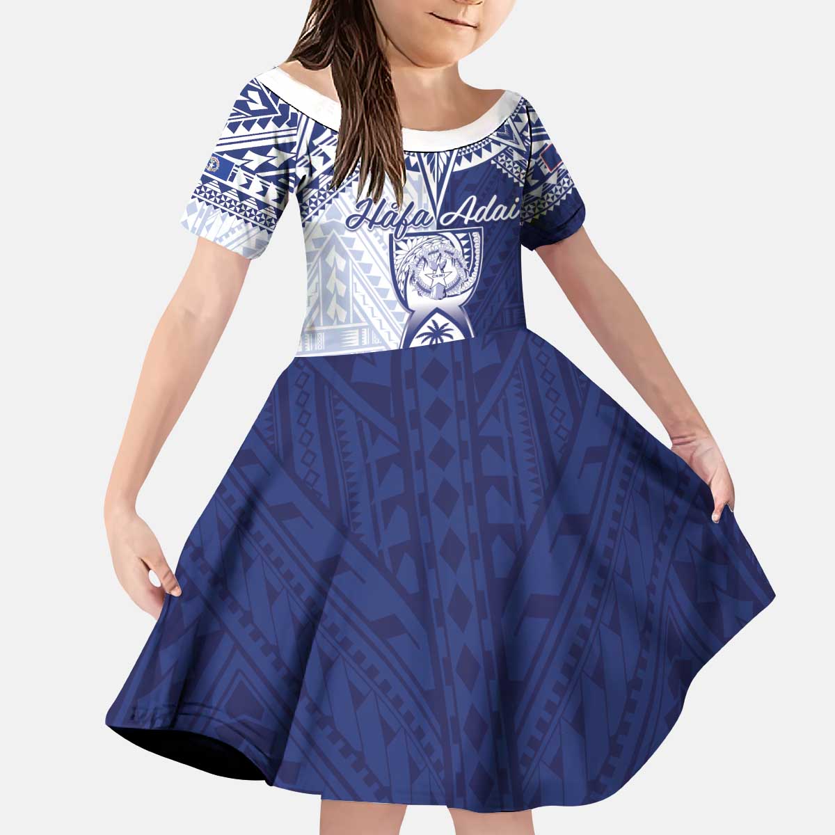 Personalised Northern Mariana Islands And Guam Kid Short Sleeve Dress Latte Stone With Tribal Pattern