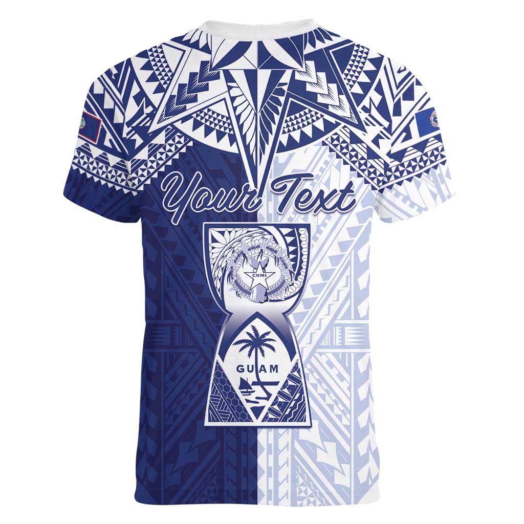 Personalised Northern Mariana Islands And Guam Women V-Neck T-Shirt Latte Stone With Tribal Pattern