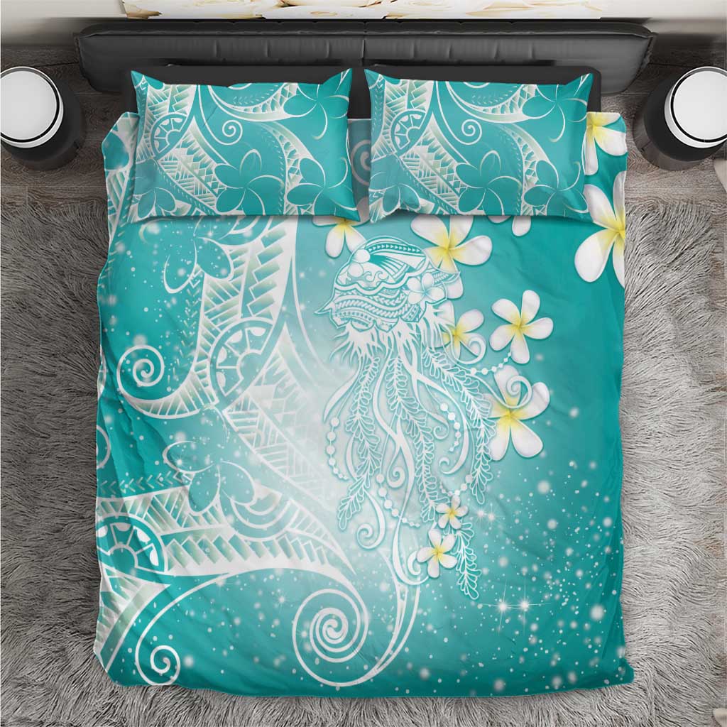 Polynesian Jellyfish Bedding Set With Plumeria Teal