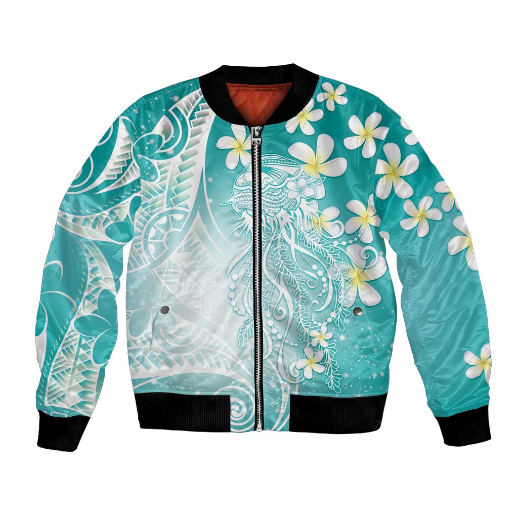 Polynesian Jellyfish Bomber Jacket With Plumeria Teal